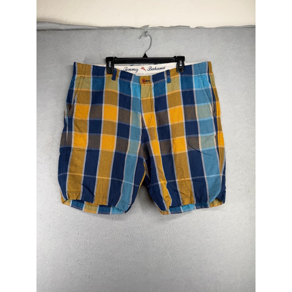 Tommy Bahama Mens Plaid Linen Blend Shorts Blue Yellow Size 40 Flat Front